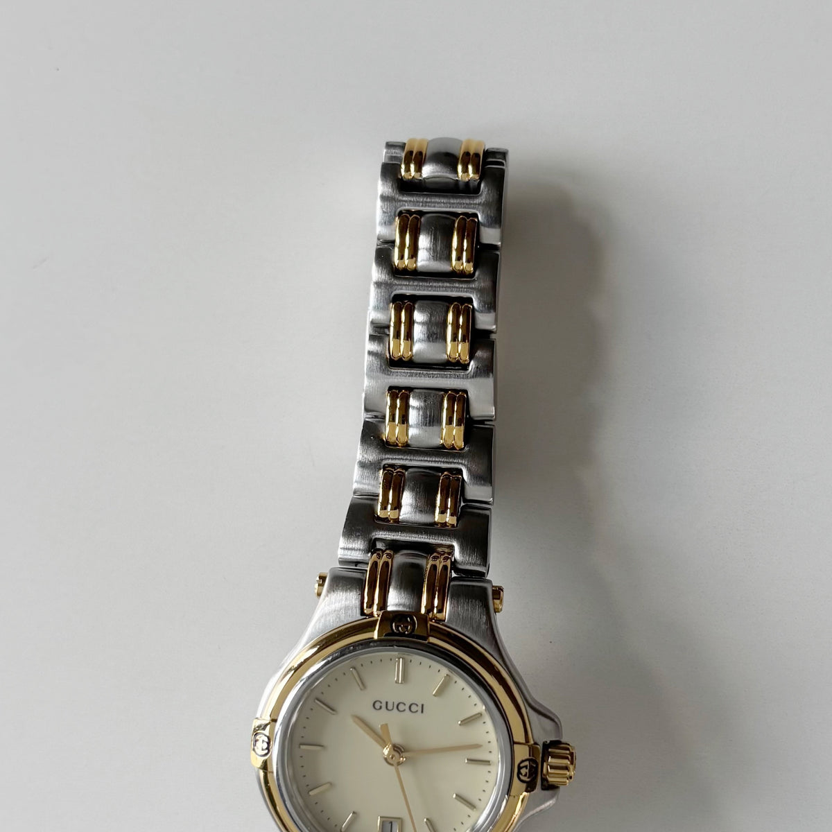 Gucci 1990s Date Round Dial Two Tone Gold Plated Watch