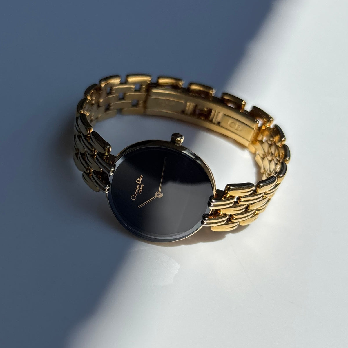 Dior 1990s Bagheera Round Black Dial Gold Plated Watch