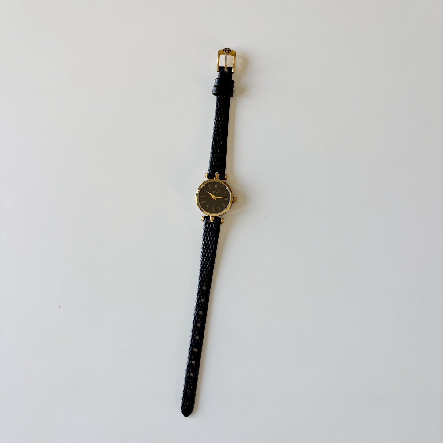 Gucci 1990s Black Round Dial Gold Plated Watch