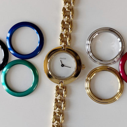 Gucci 1990s Interchangeable Bezel Gold Plated Rice Chain Watch with case, 6 bezels (160mm)