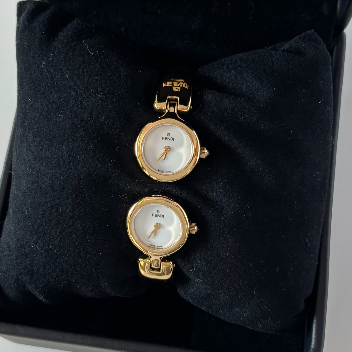 Fendi 1990s Seashell Dial Two Time Zone Gold Plated Bangle Watch