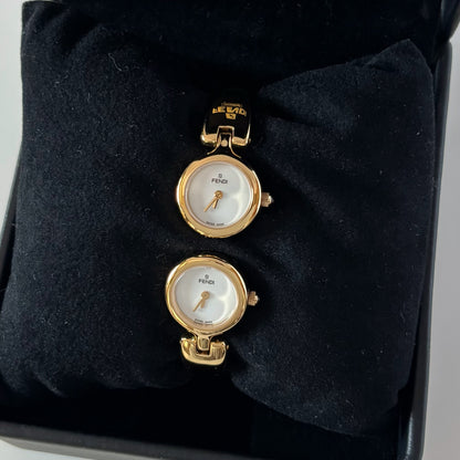 Fendi 1990s Seashell Dial Two Time Zone Gold Plated Bangle Watch