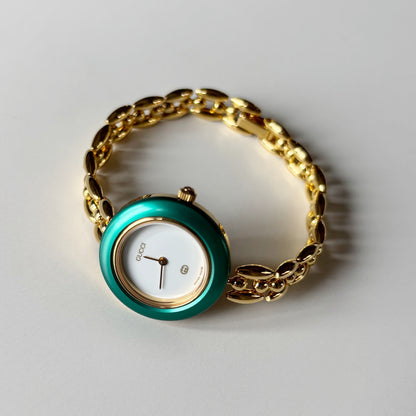 Gucci 1990s Interchangeable Bezel Gold Plated Rice Chain Watch with 6 bezels, case (165mm)