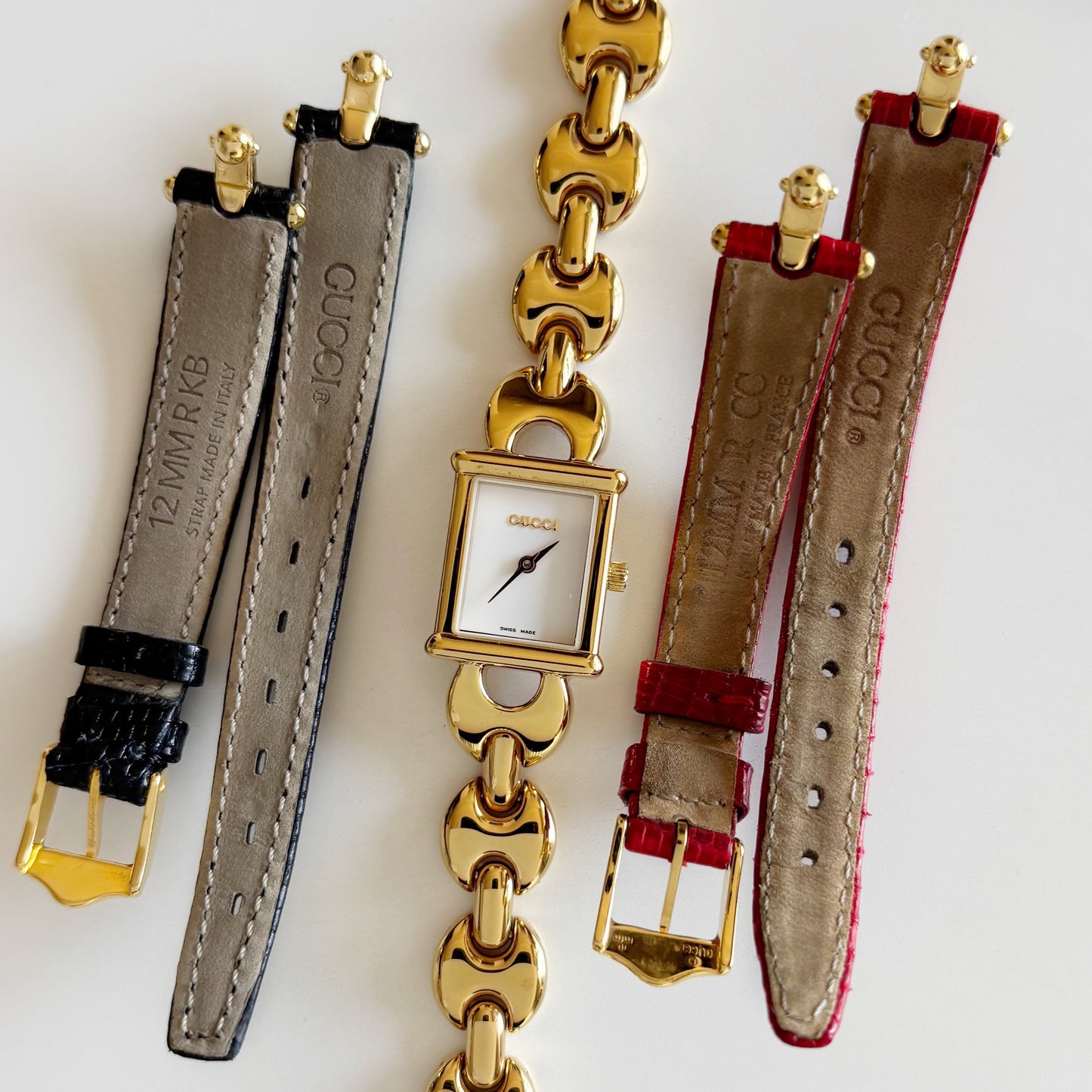 Gucci 1990s Interchangeable Strap Gold Plated Watch with 3 straps, case