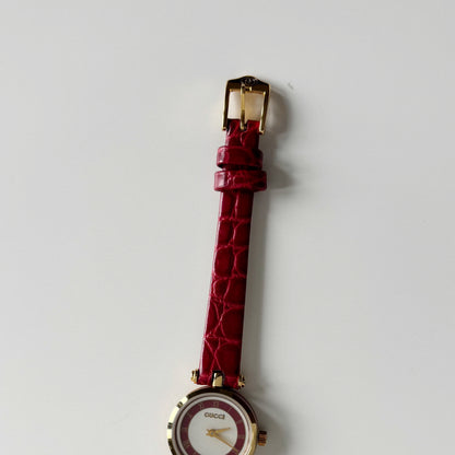 Gucci 1990s Red Round Dial Gold Plated Watch