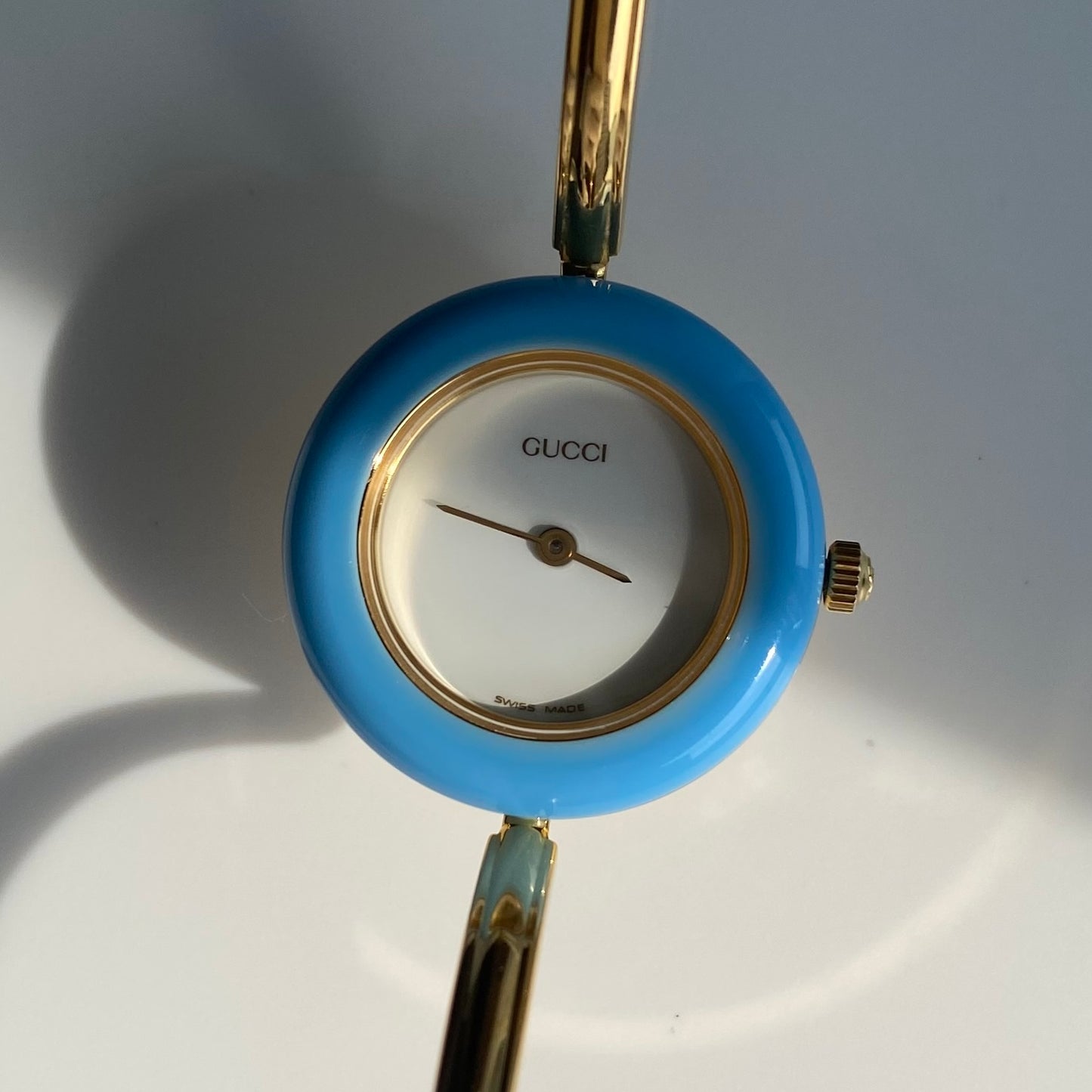 Gucci 1990s Interchangeable Bezel Gold Plated Bangle Watch with 12 bezels, case
