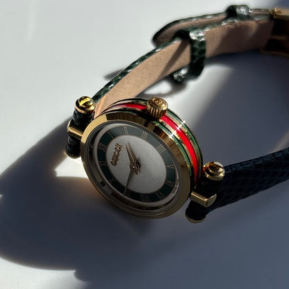 Gucci 1990s Round Dial Green Gold Plated Watch