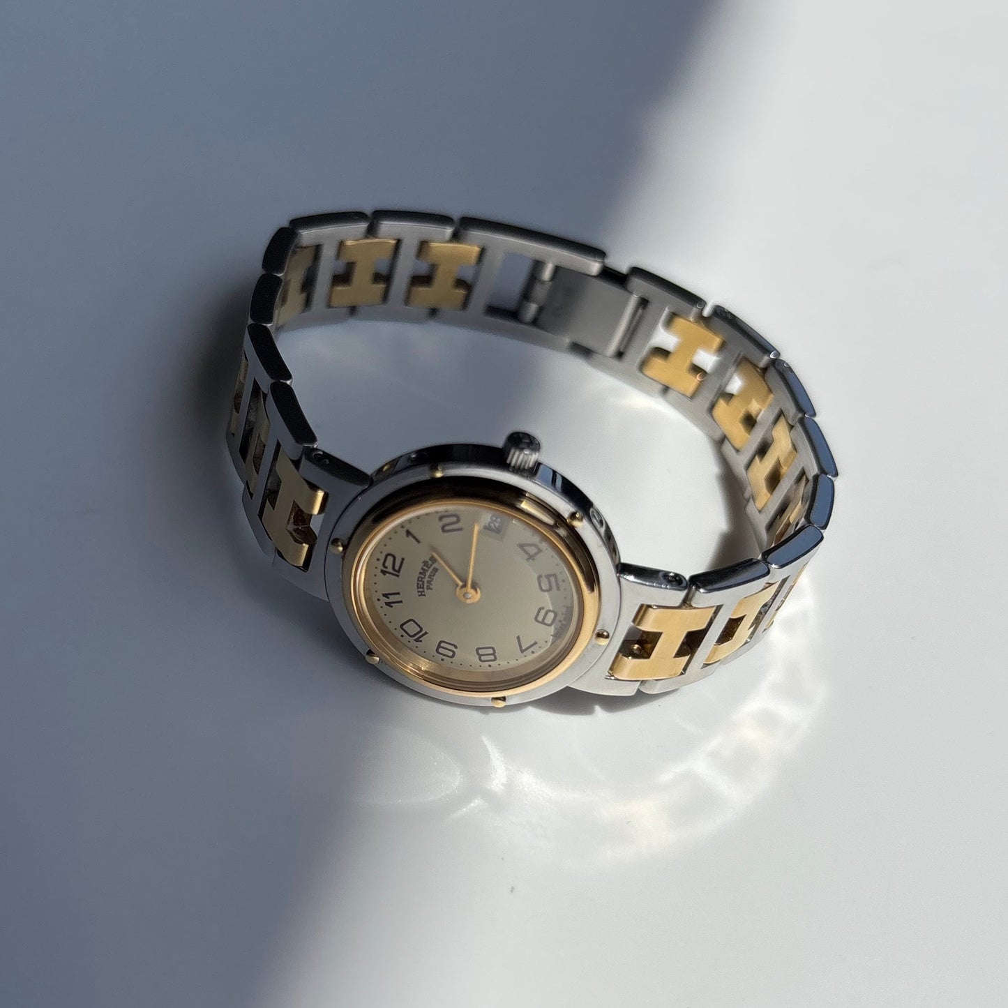 Hermes 1990s Cream Round Dial Gold Plated Two Tone Watch
