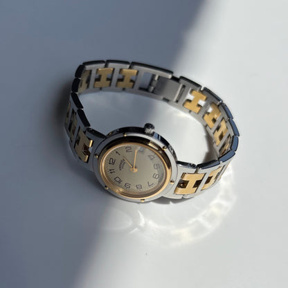 Hermes 1990s Cream Round Dial Gold Plated Two Tone Watch