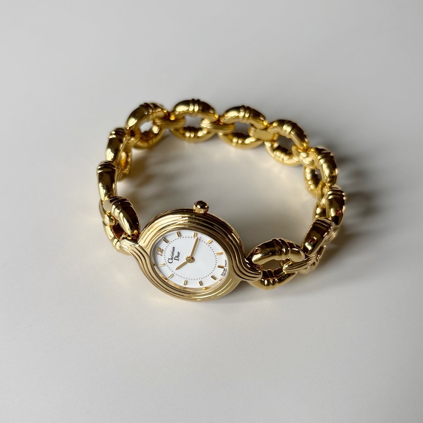 Dior 1990s Round Dial Interchangeable strap Gold Plated Watch with 3 straps, case