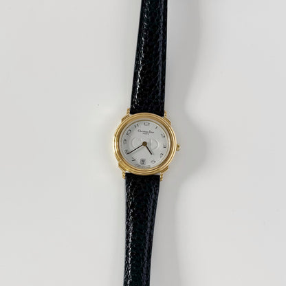 Dior 1990s Date Round Dial Gold Plated Watch