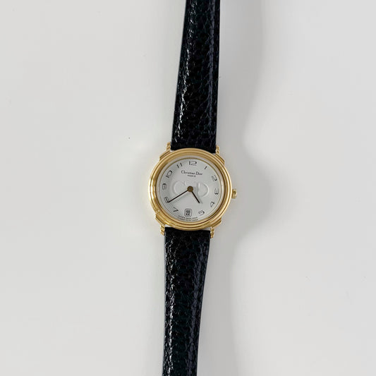 Dior 1990s Date Round Dial Gold Plated Watch