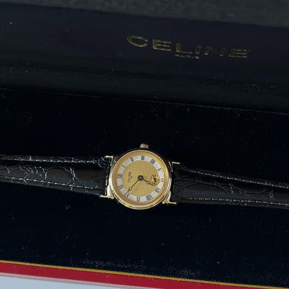 Celine 1980s Seashell Round Dial Gold Plated Watch