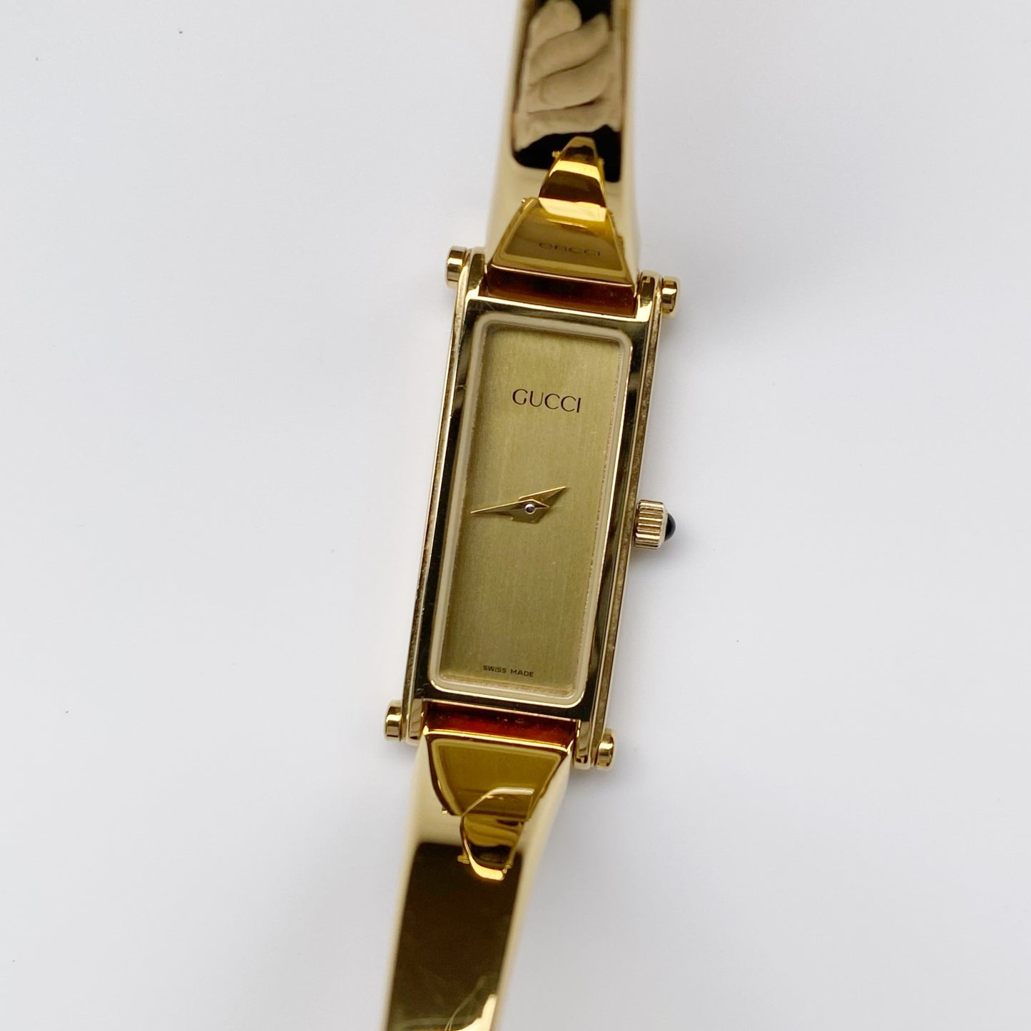 Gucci 1990s Gold Dial Gold Plated Rectangular Bangle Watch