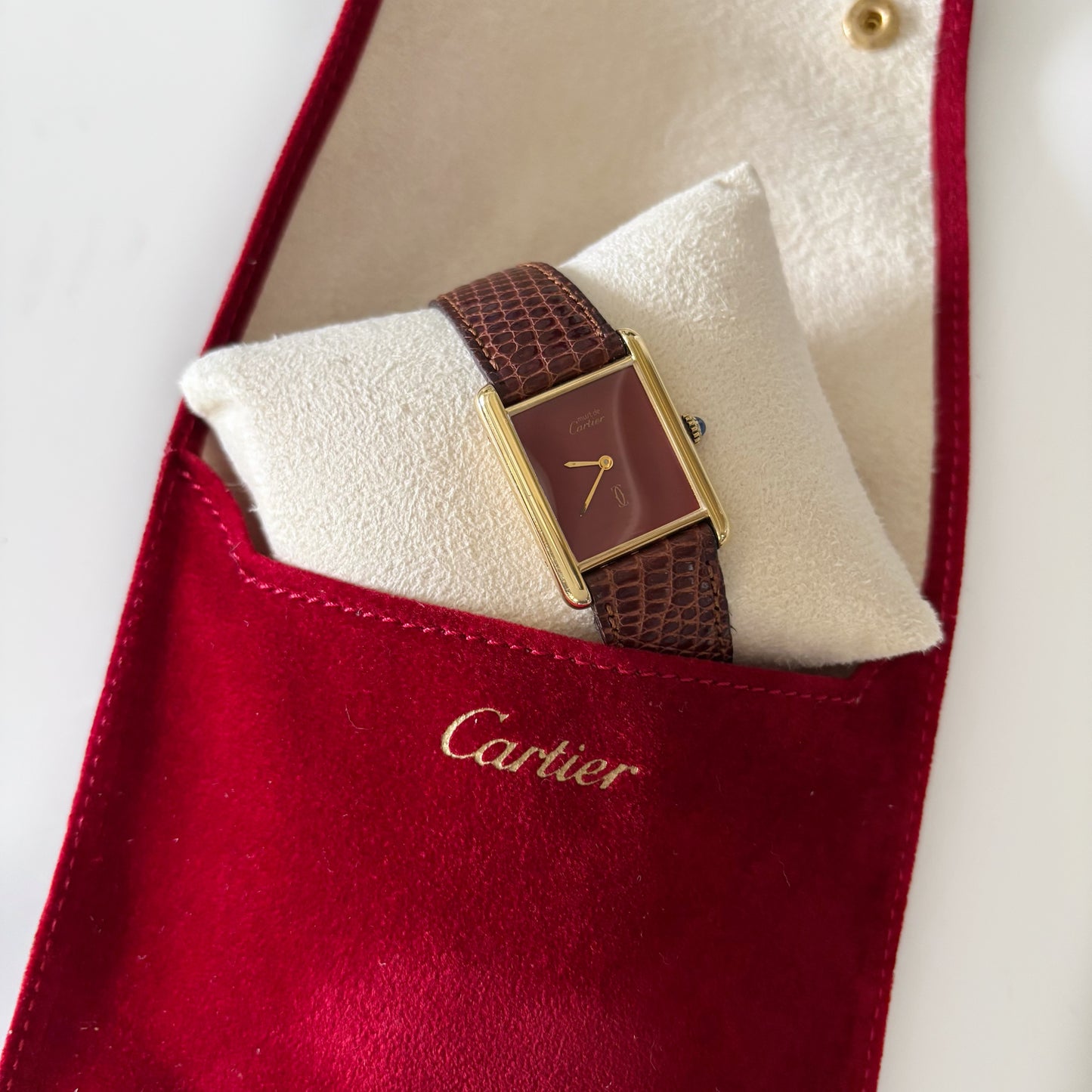 Cartier 1980s Must de Tank Burgundy Dial Manual Winding Watch (LM)