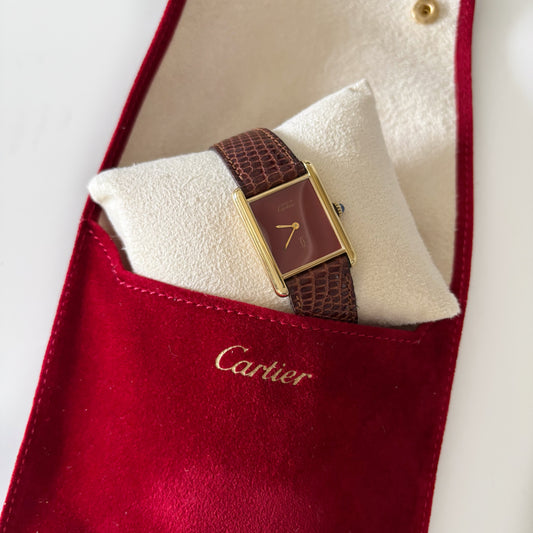 Cartier 1980s Must de Tank Burgundy Dial Manual Winding Watch (LM)