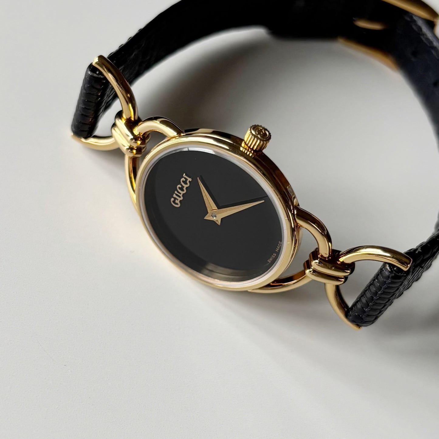 Gucci 1990s Black Dial Horsebit Gold Plated Watch