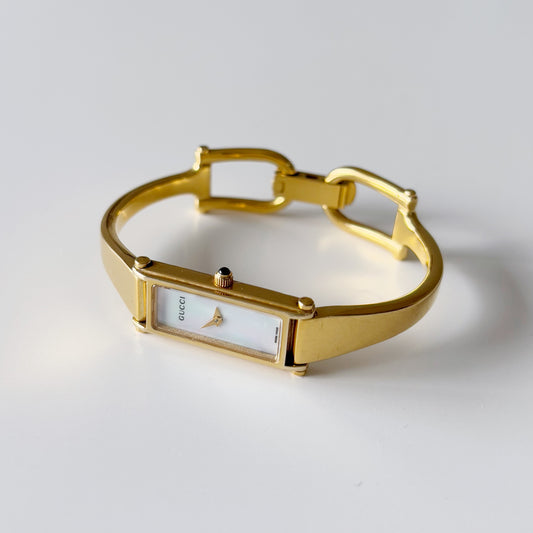 Gucci 1990s Seashell Dial Rectangular Gold Plated Bangle Watch