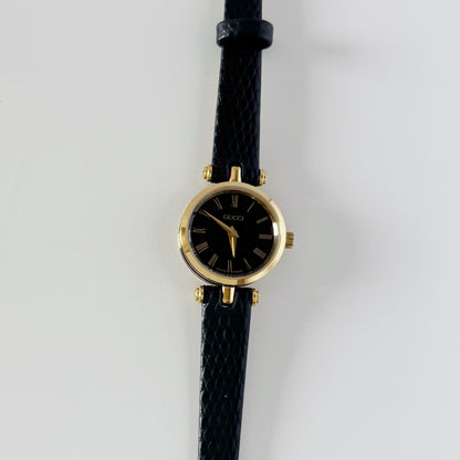Gucci 1990s Black Round Dial Gold Plated Watch