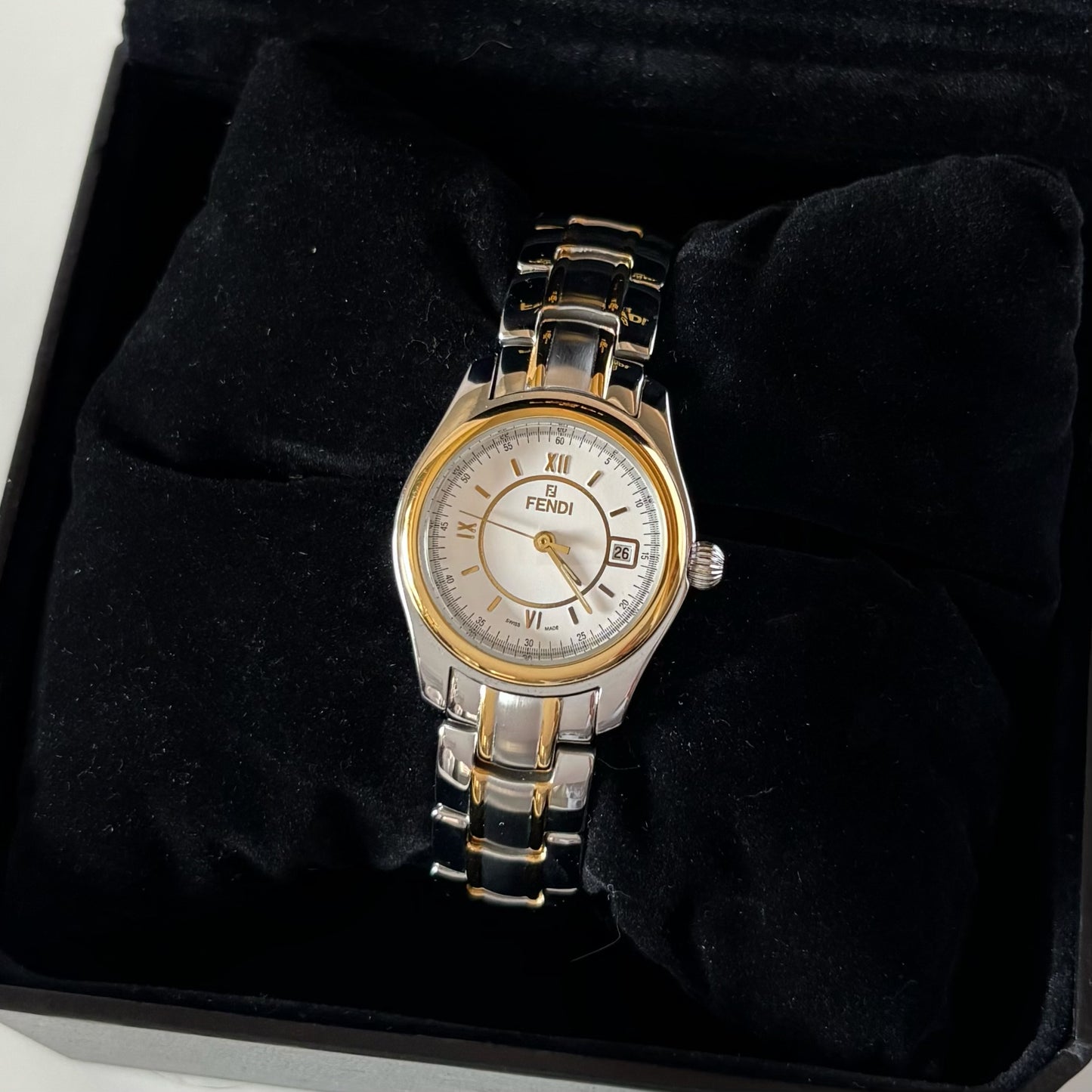 Fendi 1990s Round Dial Date Two Tone Gold Plated Watch
