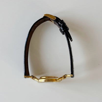 Gucci 1990s Black Round Dial Horsebit Gold Plated Watch