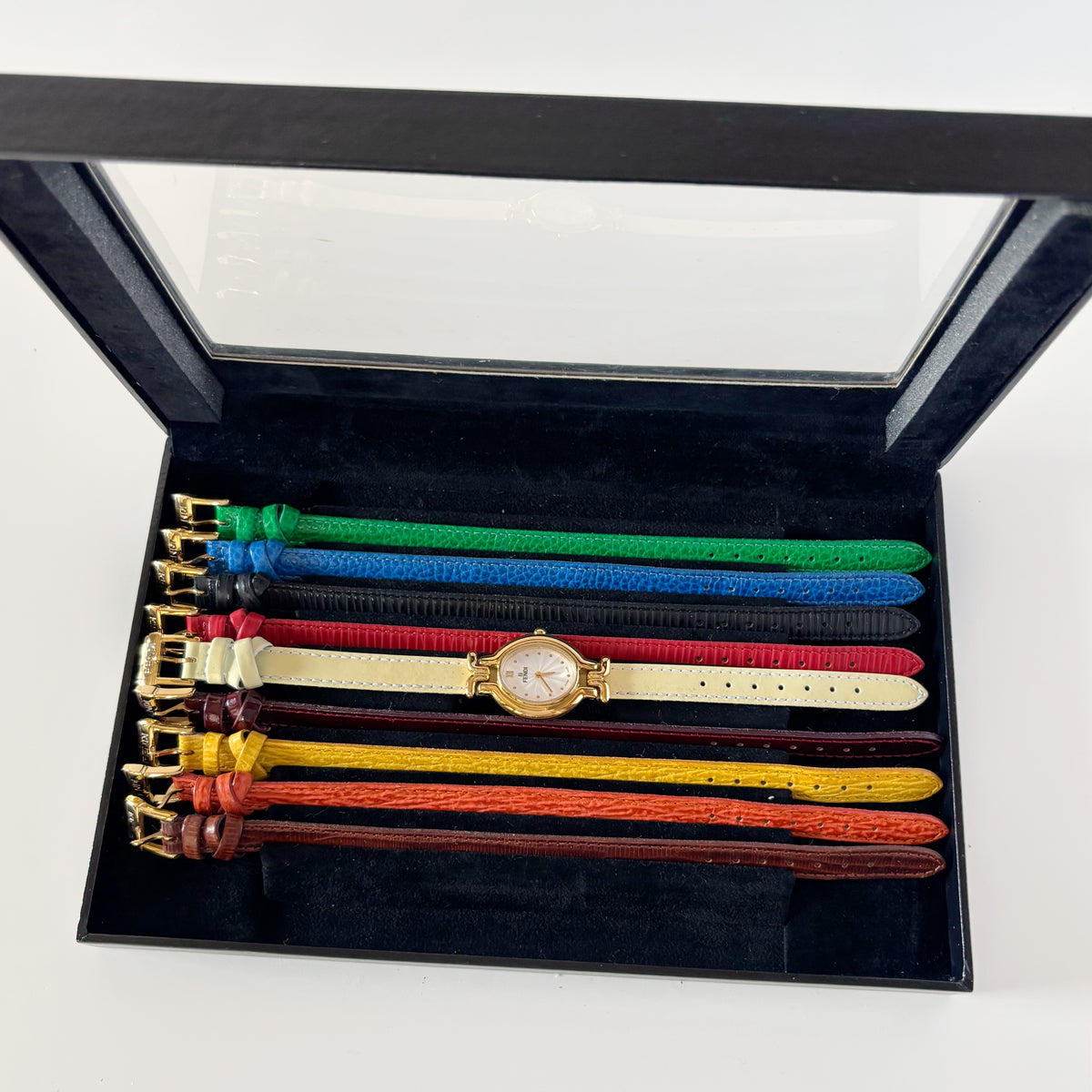 Fendi 1990s Interchangeable Strap Gold-Plated Watch with 9 Straps and Case