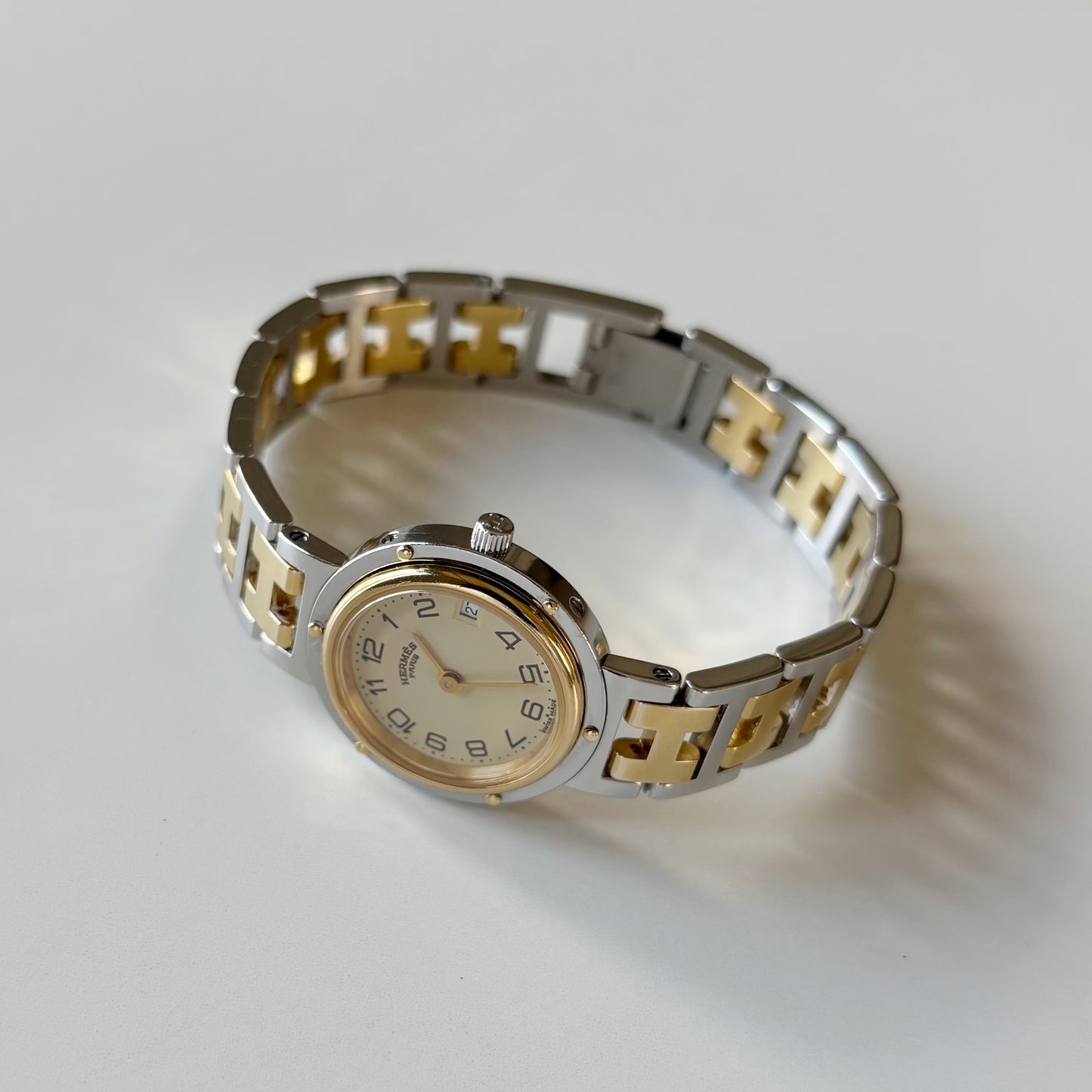 Hermes 1990s Cream Round Dial Gold Plated Two Tone Watch