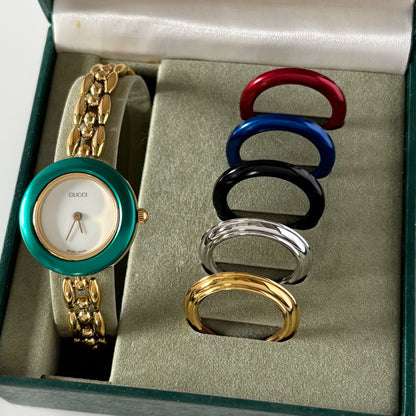 Gucci 1990s Interchangeable Bezel Gold Plated Watch with 6 bezels, case (165mm)