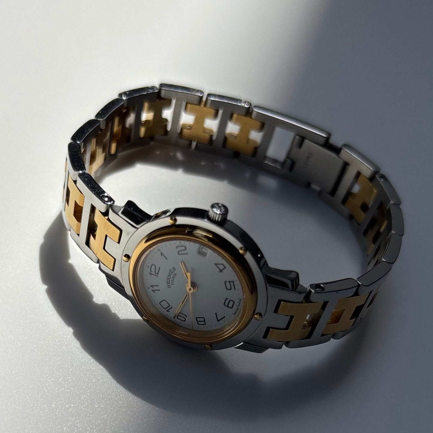 Hermes 1990s Clipper Round Dial Gold Plated Two Tone Watch