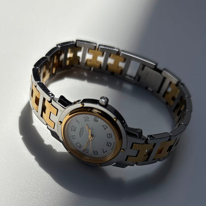 Hermes 1990s Clipper Round Dial Gold Plated Two Tone Watch