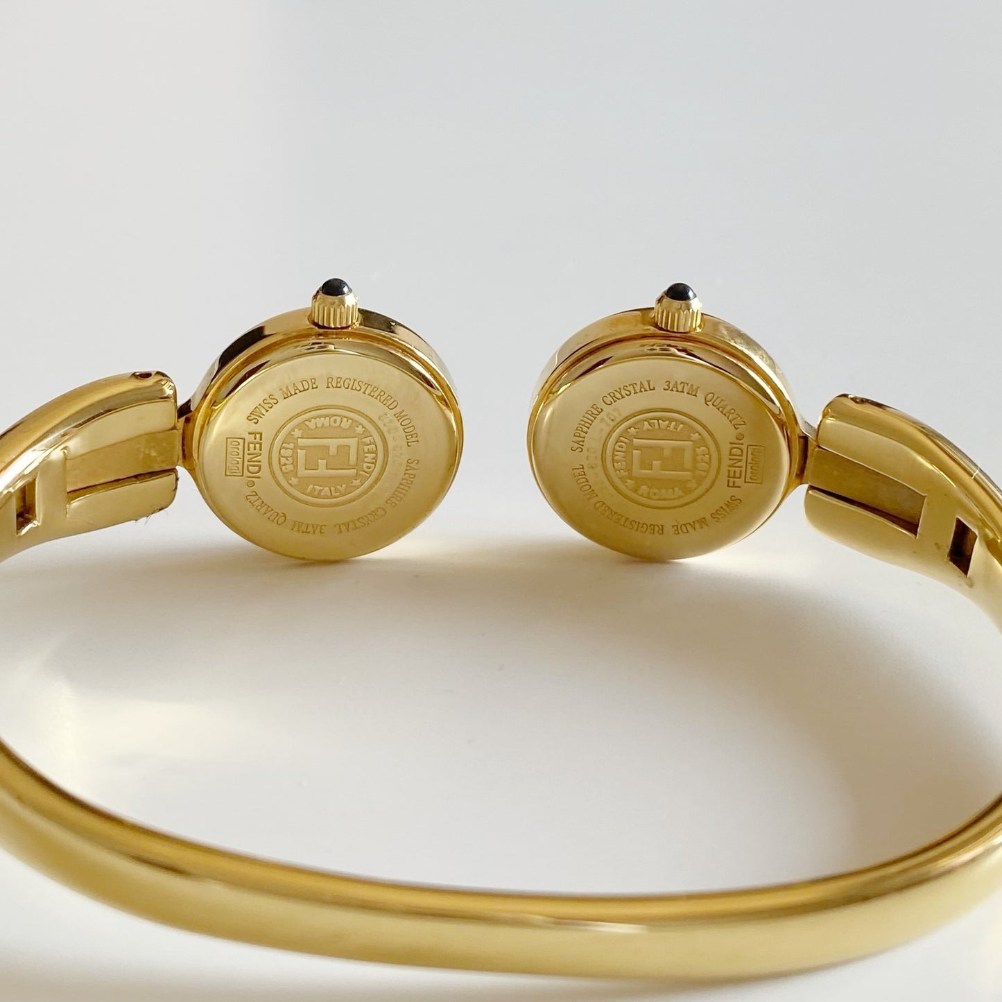 Fendi 1990s Seashell Dial Two Time Zone Gold Plated Bangle Watch