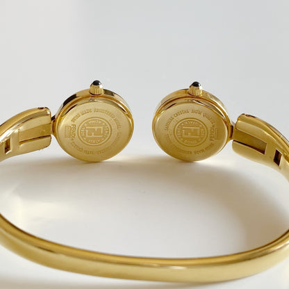 Fendi 1990s Seashell Dial Two Time Zone Gold Plated Bangle Watch