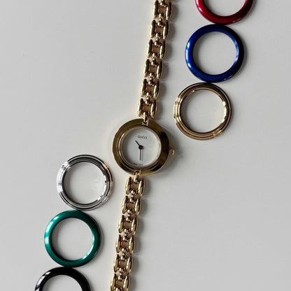 Gucci 1990s Interchangeable Bezel Gold Plated Rice Chain Watch with 6 bezels, case (160mm)
