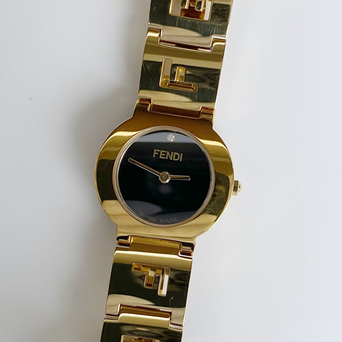 Fendi 1990s Black Dial Gold Plated Watch