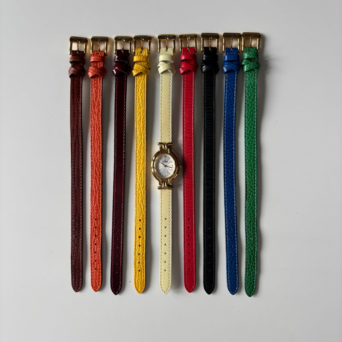 Fendi 1990s Interchangeable Strap Gold-Plated Watch with 9 Straps and Case