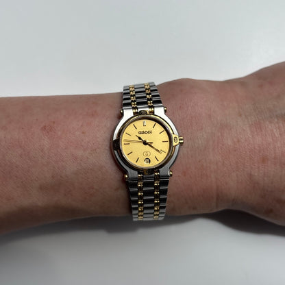 Gucci 1990s Round Dial Gold Plated Two Tone Watch