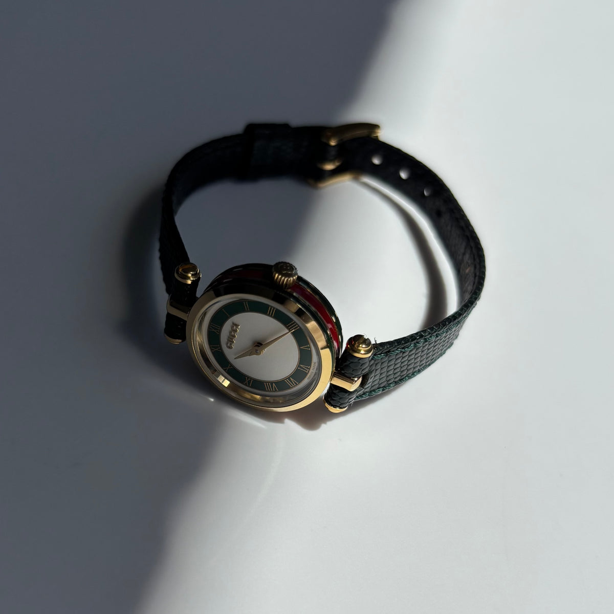 Gucci 1990s Round Dial Cherry Green Gold-Plated Watch