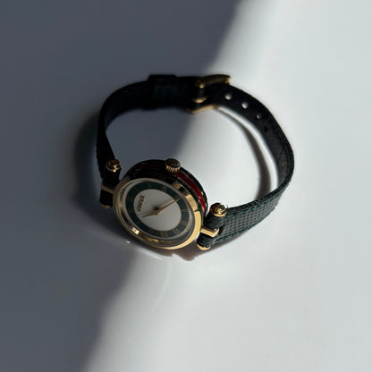 Gucci 1990s Round Dial Cherry Green Gold-Plated Watch