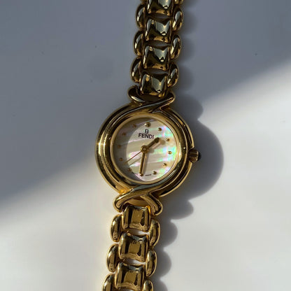 Fendi 1990s Seashell Dial Round Gold Plated Watch