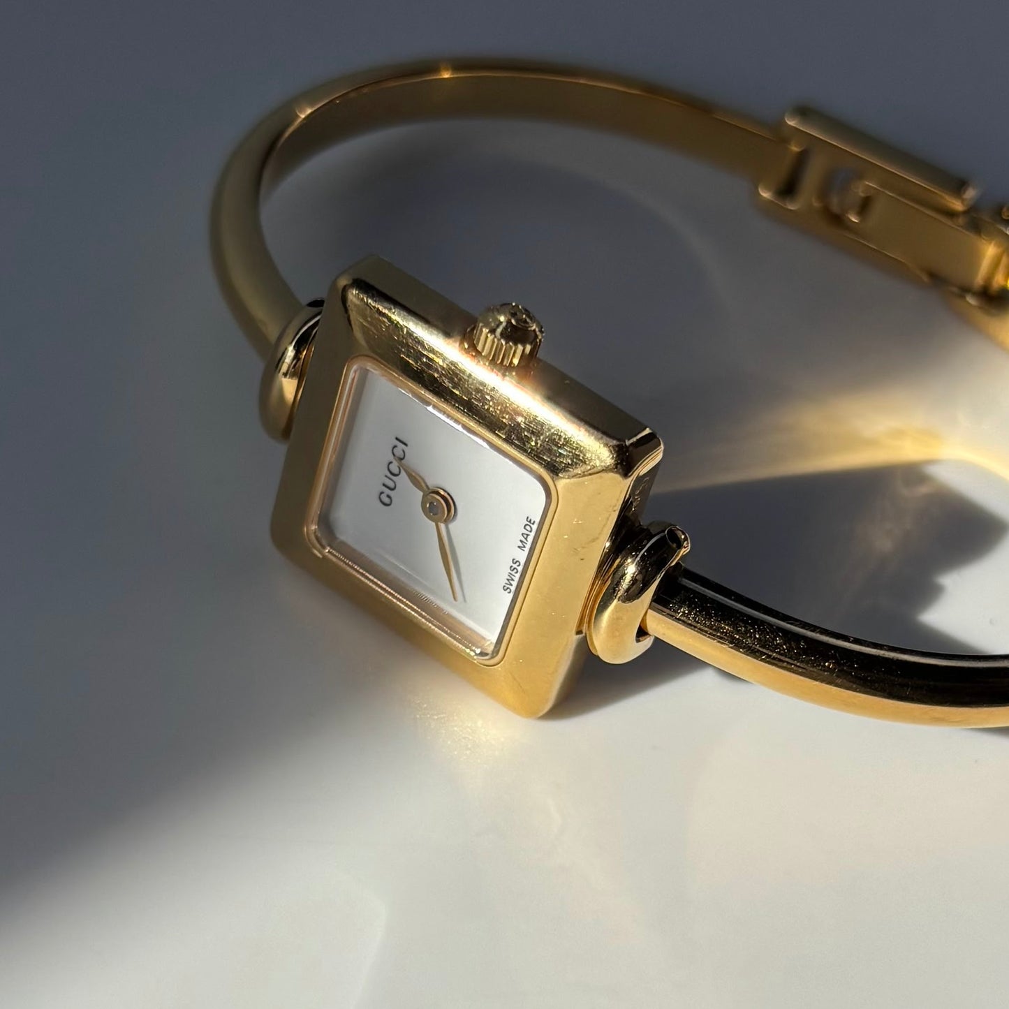 Gucci 1990s Square Dial Gold Plated Bangle Watch