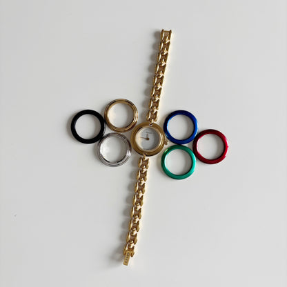 Gucci 1990s Interchangeable Bezel Gold Plated Watch with 6 bezels, case (162mm)