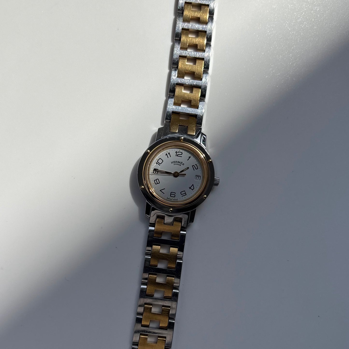 Hermes 1990s Clipper Round Dial Gold Plated Two Tone Watch