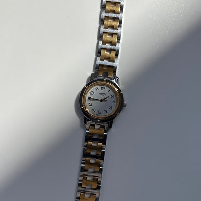 Hermes 1990s Clipper Round Dial Gold Plated Two Tone Watch