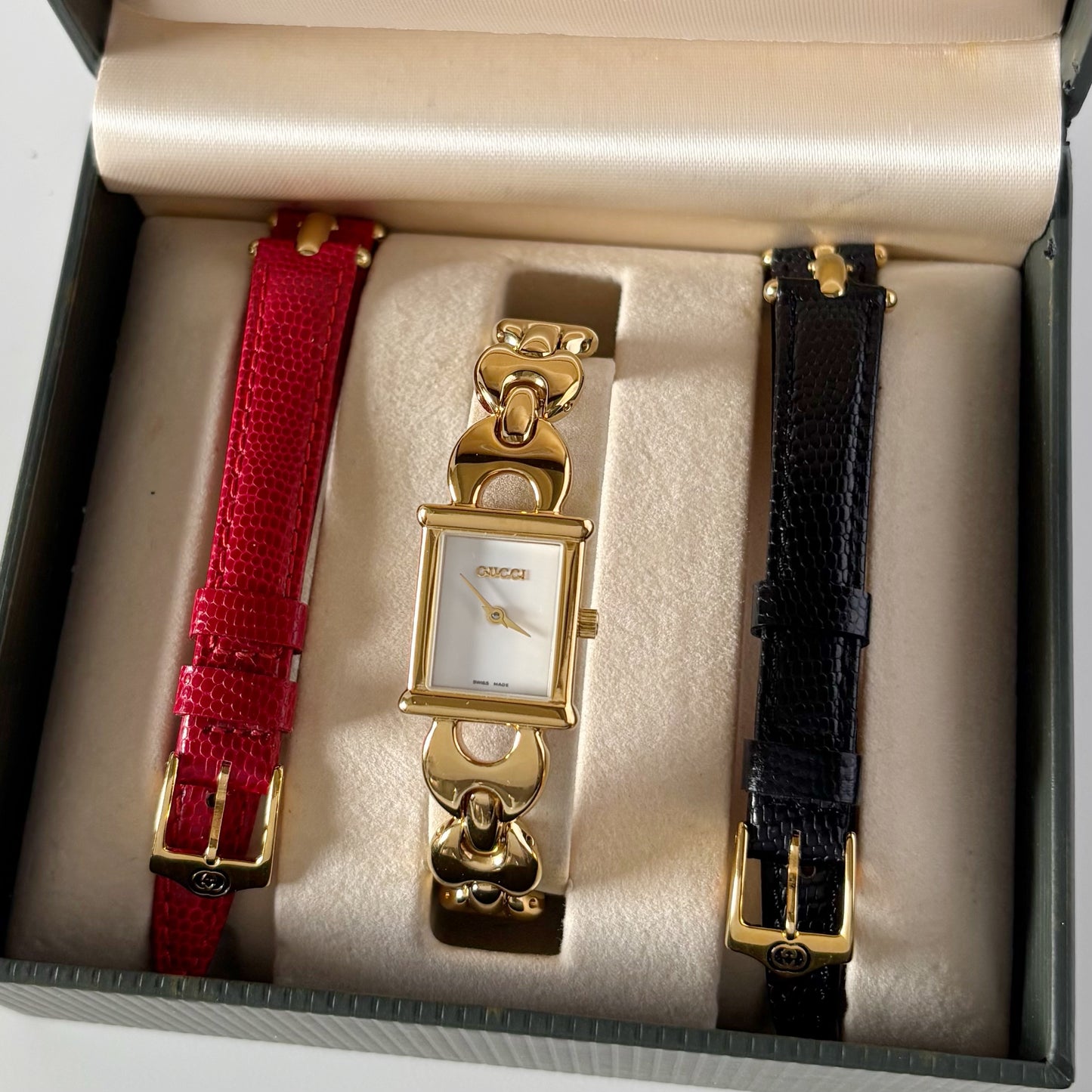 Gucci 1990s Interchangeable Strap Gold Plated Watch with 3 straps, case