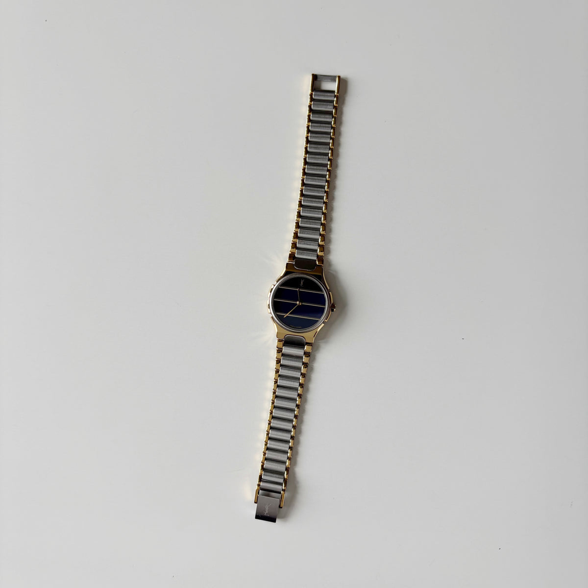 Yves Saint Laurent 1990s Navy Round Dial Two Tone Gold Plated Watch