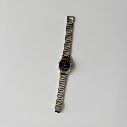 Yves Saint Laurent 1990s Navy Round Dial Two Tone Gold Plated Watch