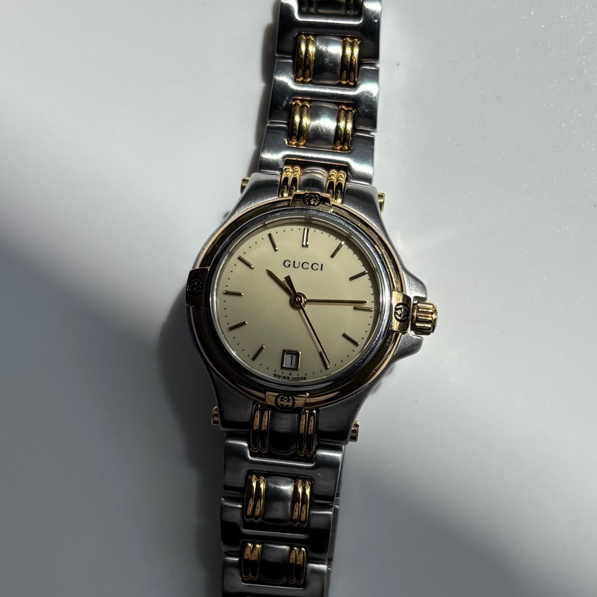 Gucci 1990s Date Round Dial Two Tone Gold Plated Watch