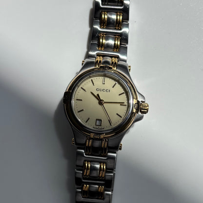 Gucci 1990s Date Round Dial Two Tone Gold Plated Watch