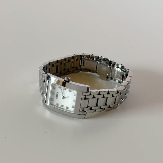 Fendi 1990s Seashell Dial Tank Silver Watch