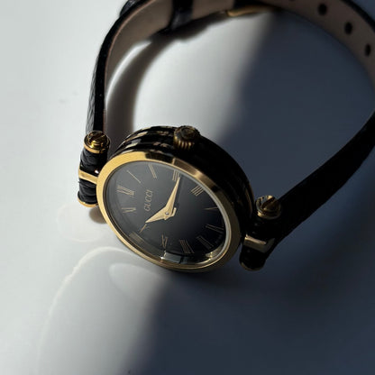 Gucci 1990s Black Round Dial Gold Plated Watch